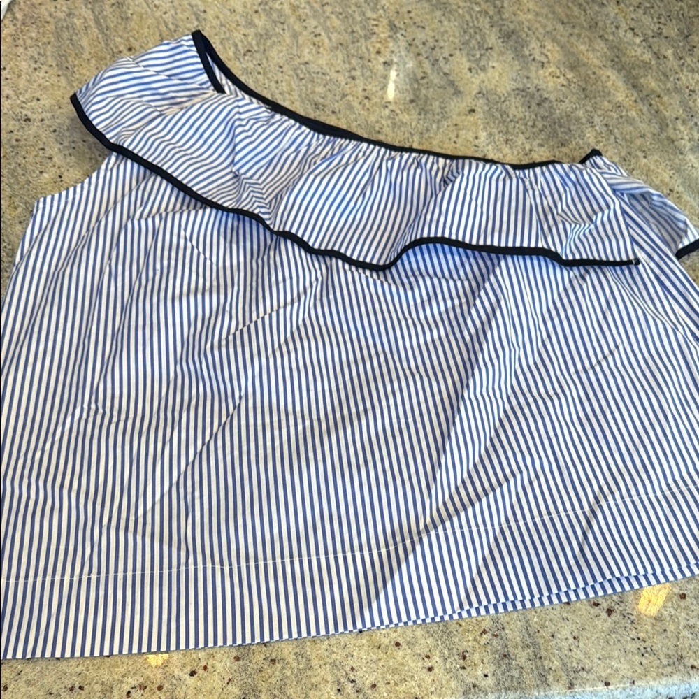 J. Crew Blue and White Asymmetrical Ruffled top
